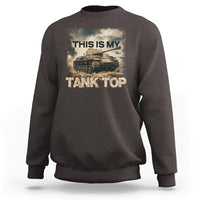 Dark crewneck sweatshirt with “THIS IS MY TANK TOP” tank graphic on front