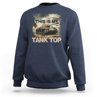 Navy crewneck sweatshirt with “THIS IS MY TANK TOP” tank graphic on front
