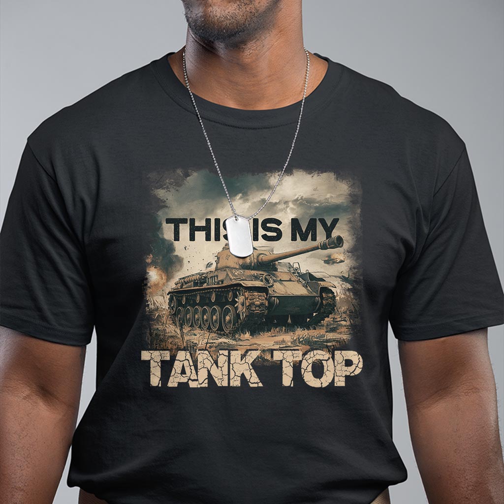 Black tank top with camouflage tank graphic and “THIS IS MY TANK TOP” slogan print