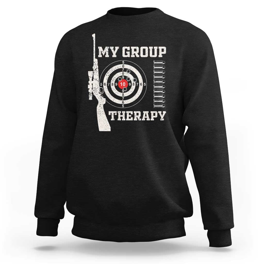 Black crewneck sweatshirt with target and 'My Group Therapy' graphic print