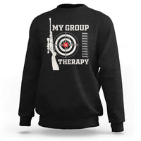 Black crewneck sweatshirt with target and 'My Group Therapy' graphic print
