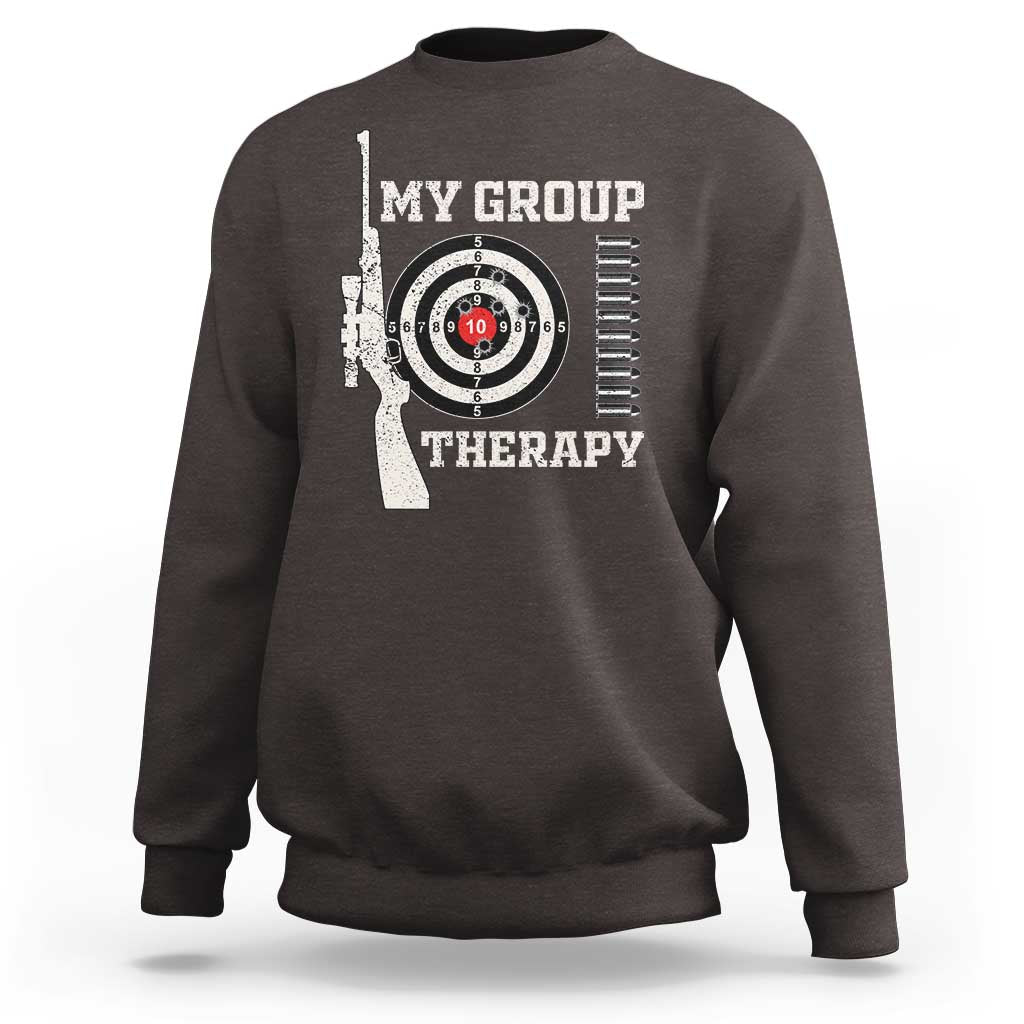 Dark chocolate crewneck sweatshirt with target and 'My Group Therapy' graphic print