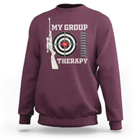 Maroon crewneck sweatshirt with target and 'My Group Therapy' graphic print
