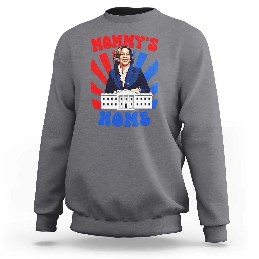 Charcoal gray crewneck sweatshirt with “MOMMY’S HOME” graphic featuring a woman and building.