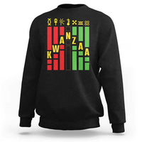 Black crewneck sweatshirt with colorful Kwanzaa-themed vertical graphic on front.