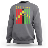 Charcoal gray crewneck sweatshirt with colorful Kwanzaa-themed vertical graphic on front.