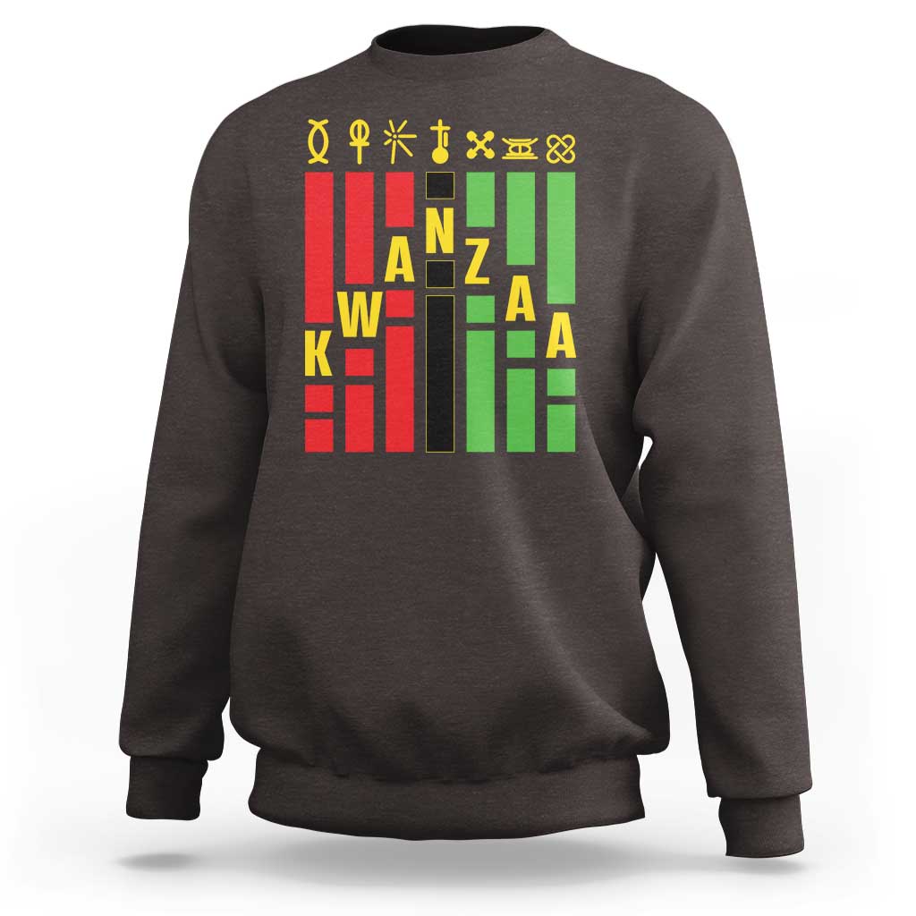 Dark chocolate crewneck sweatshirt with colorful Kwanzaa-themed vertical graphic on front.