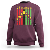 Maroon crewneck sweatshirt with colorful Kwanzaa-themed vertical graphic on front.