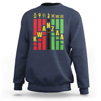 Navy crewneck sweatshirt with colorful Kwanzaa-themed vertical graphic on front.