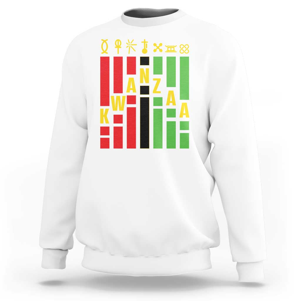 White crewneck sweatshirt with colorful Kwanzaa-themed vertical graphic on front.