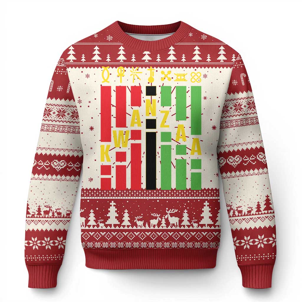 Red holiday sweater with colorful Kwanzaa-inspired letter pattern and tree border