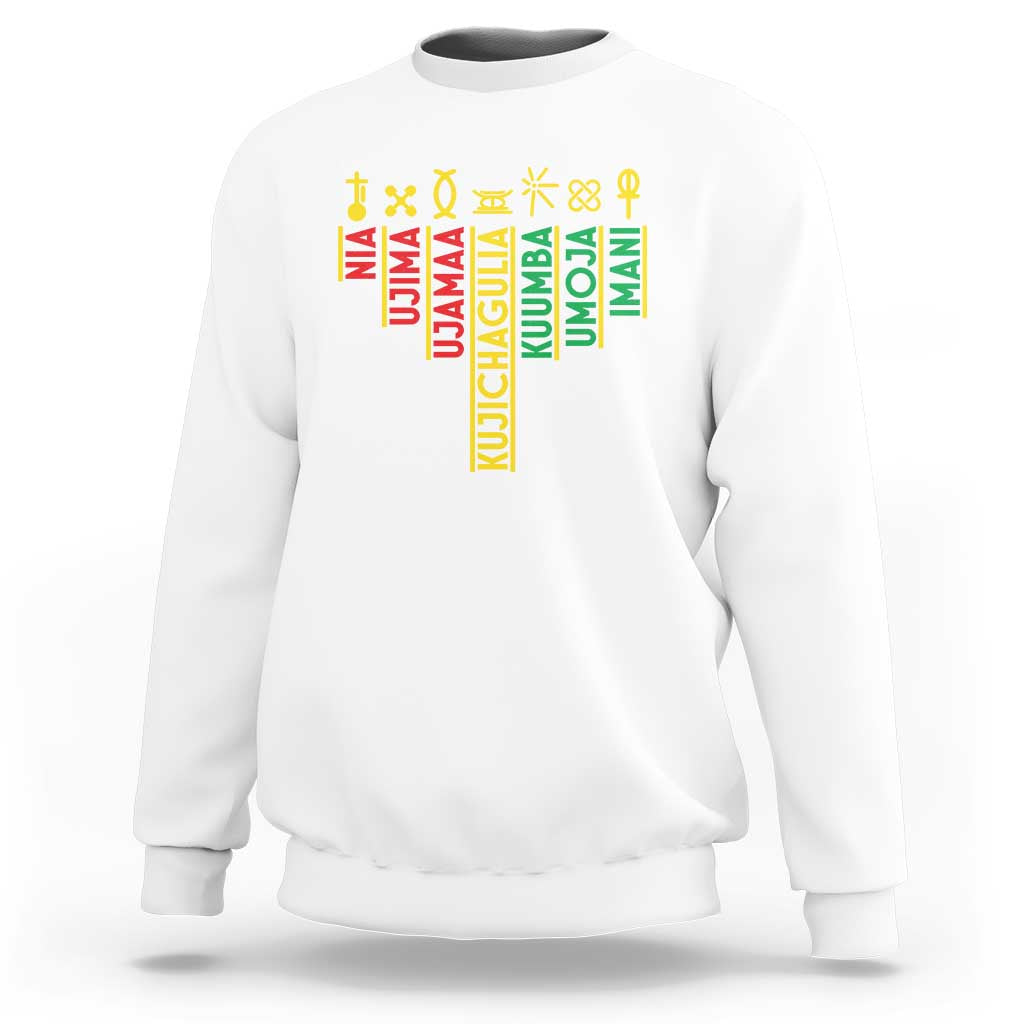 White crewneck sweatshirt with colorful Kwanzaa seven principles graphic on back.