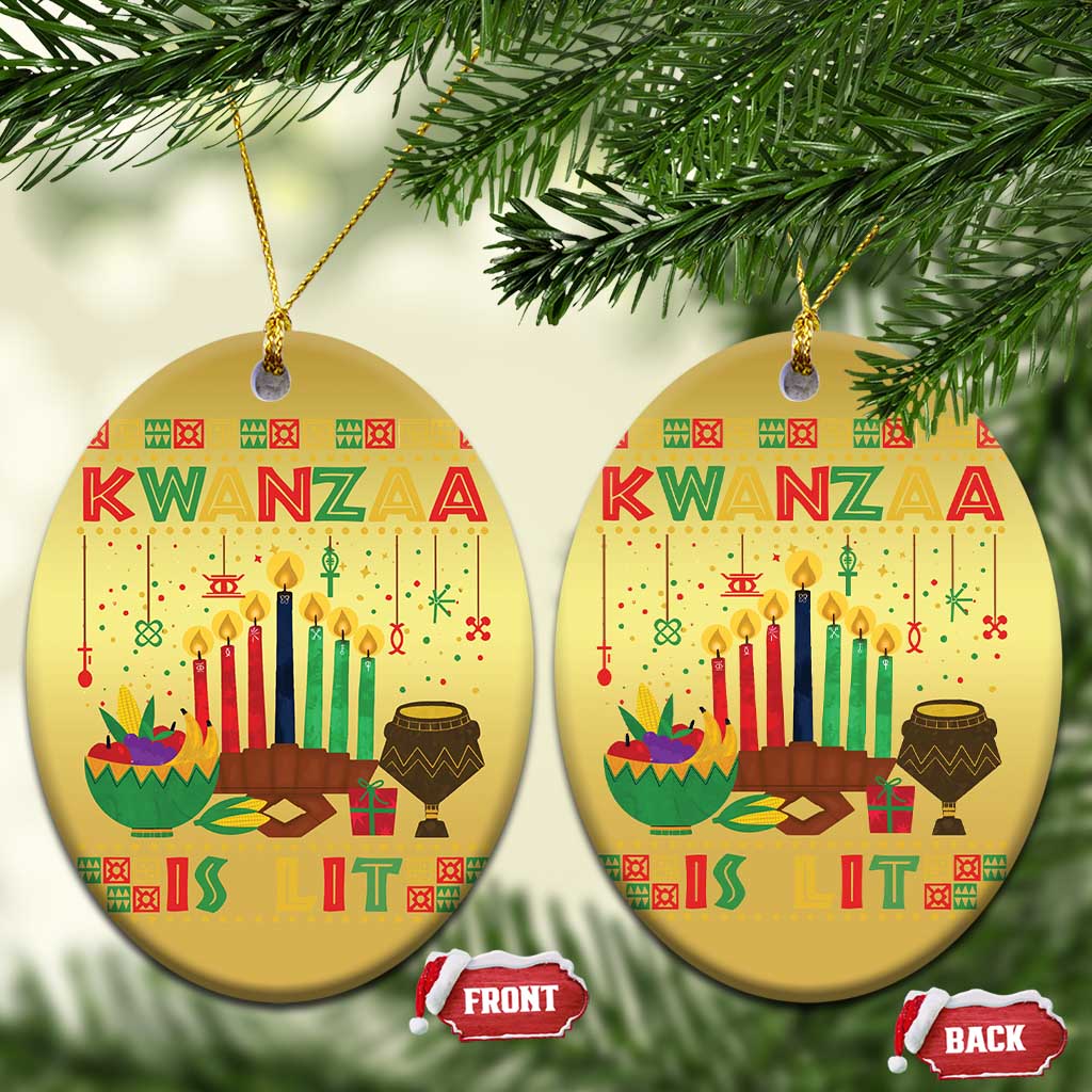 Two gold oval Kwanzaa ornaments with “Kwanzaa” text and candle design, hanging loops