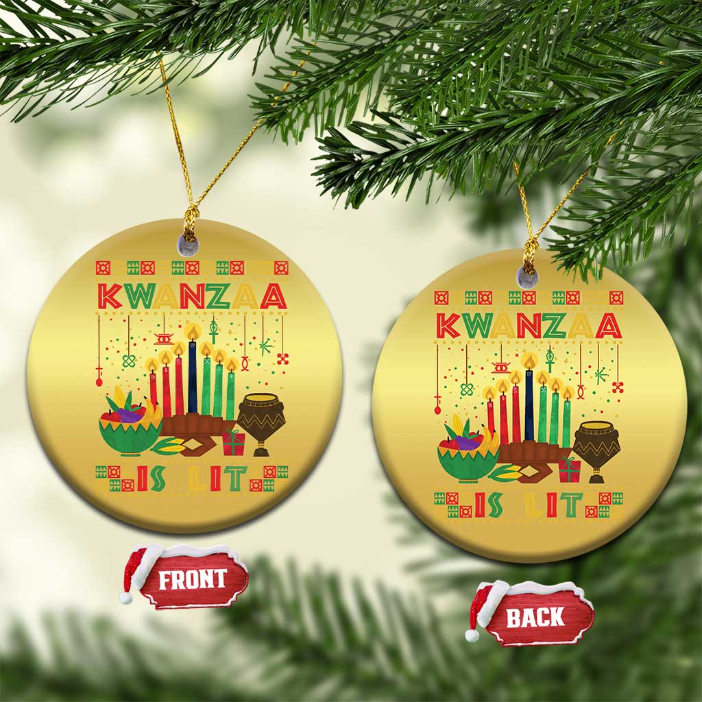 Two gold round Kwanzaa ornaments on a tree, shown with “FRONT” and “BACK” tags
