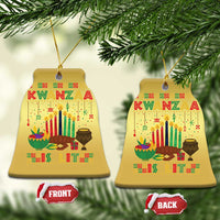 Two gold bell-shaped Kwanzaa ornaments with “Kwanzaa” and candle design, front and back shown
