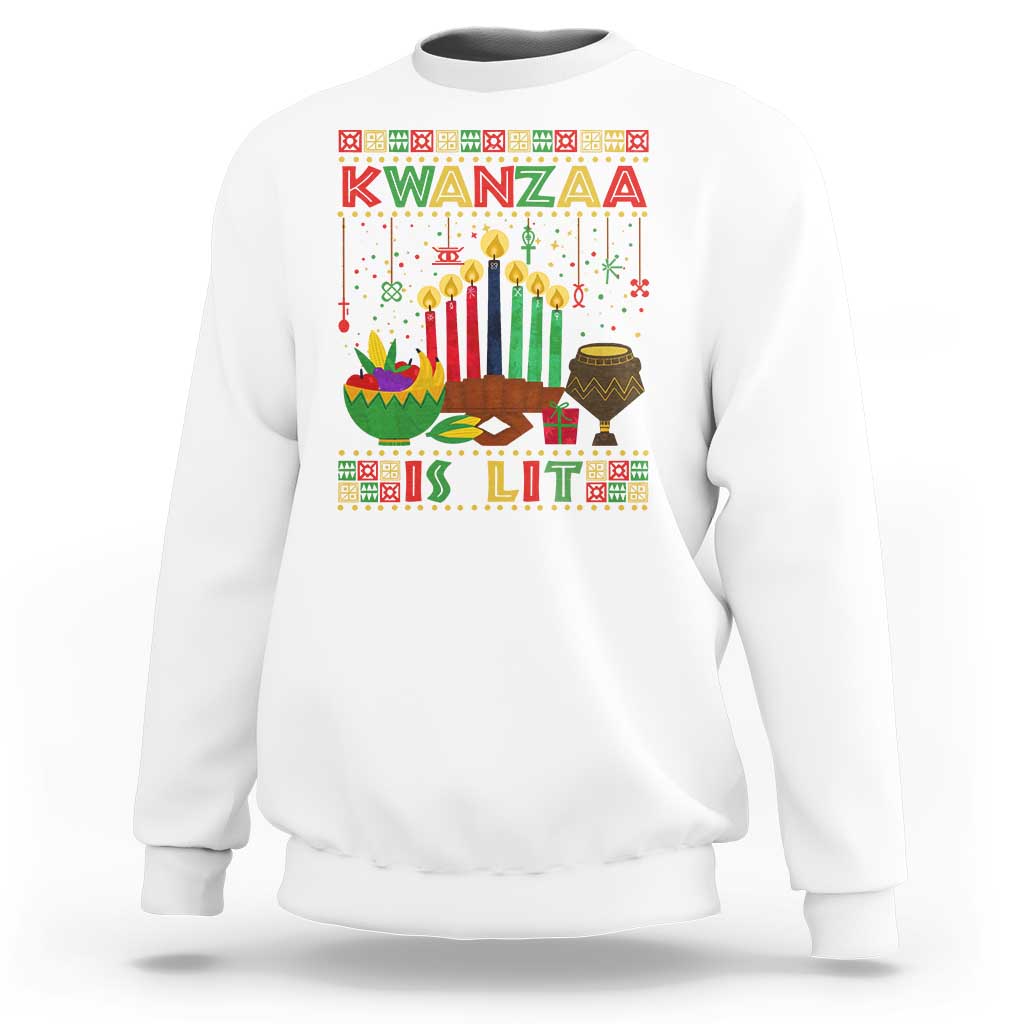White Kwanzaa sweatshirt with colorful front “Kwanzaa is lit” graphic