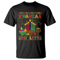 Black crew-neck T-shirt with colorful Kwanzaa 'IS LIT' front graphic