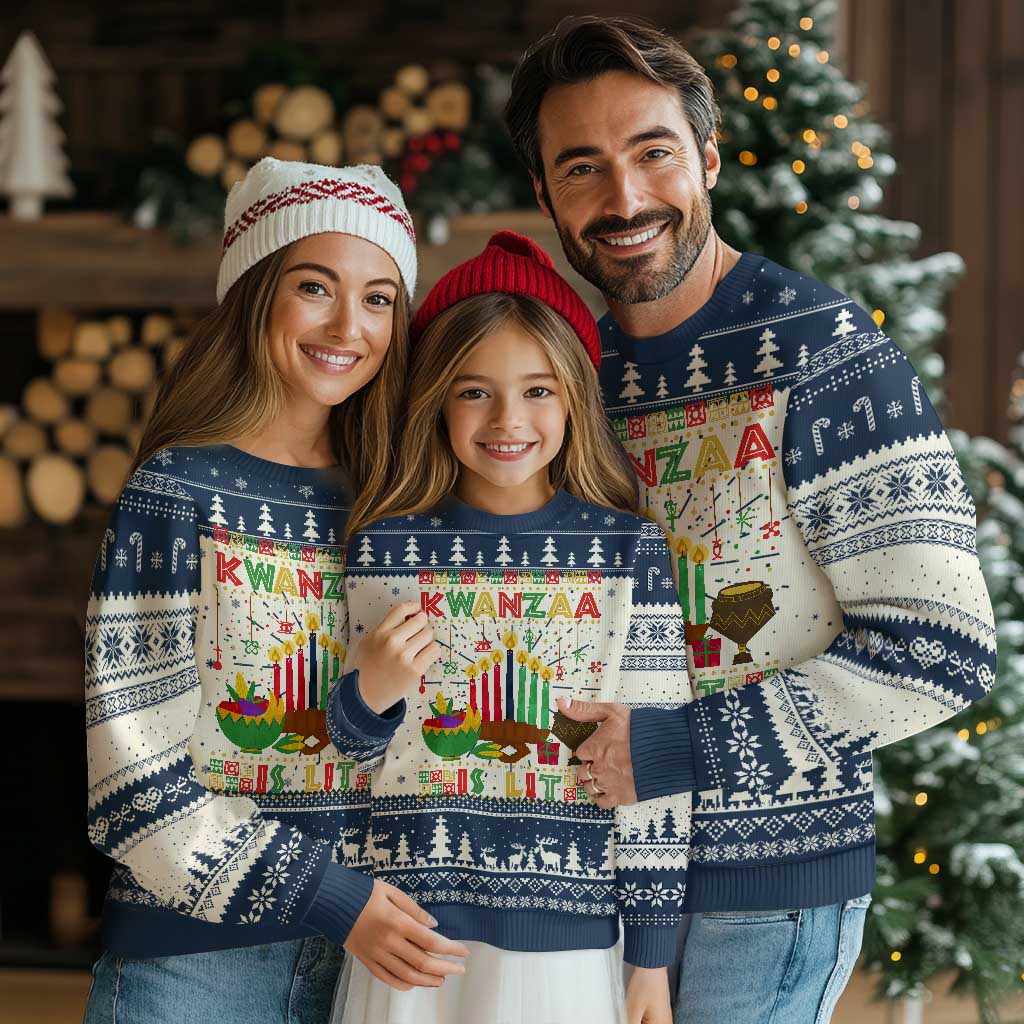 Navy crewneck knit sweater with Kwanzaa text, candles, and holiday tree pattern
