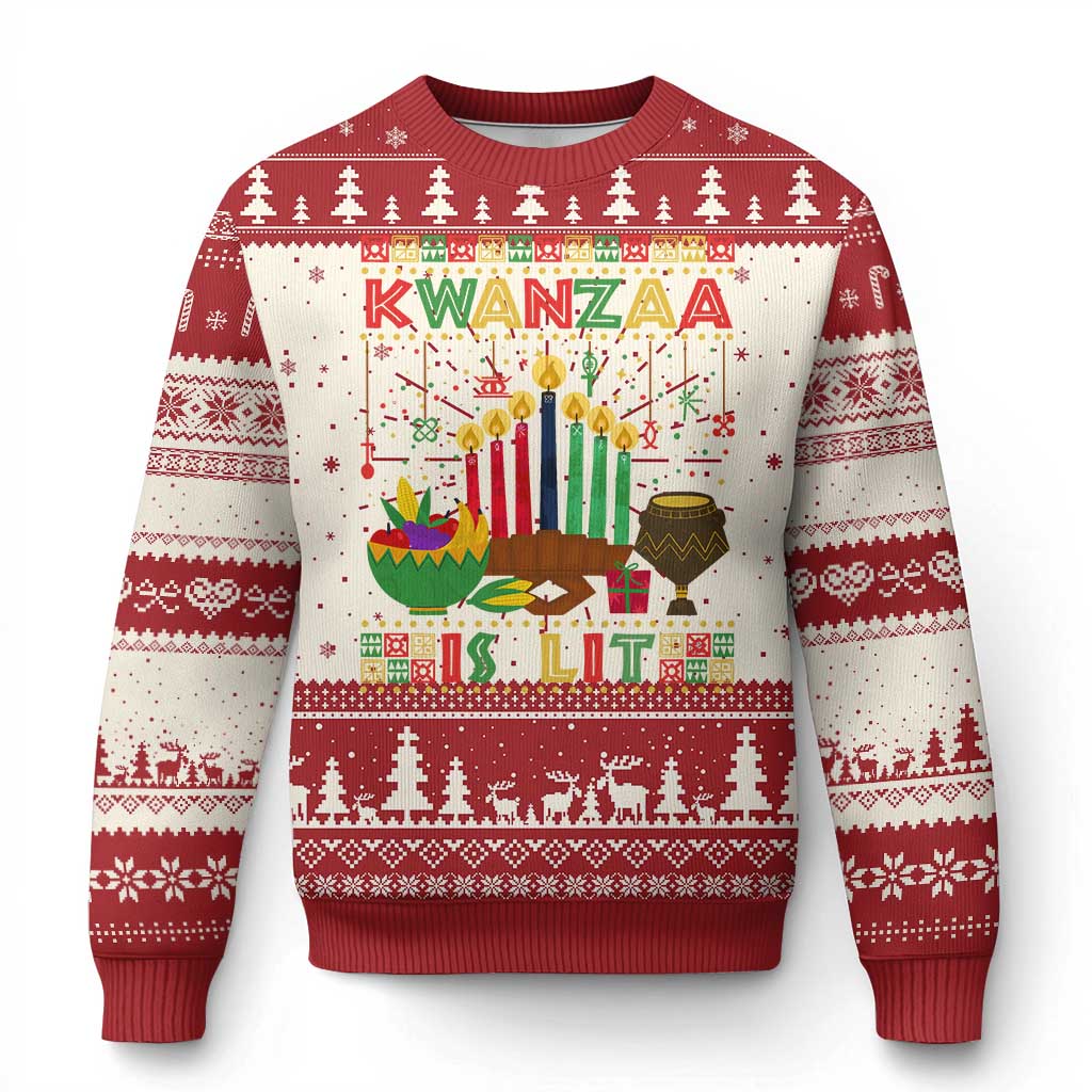 Red crewneck knit sweater with Kwanzaa graphic, candles, trees, and festive border