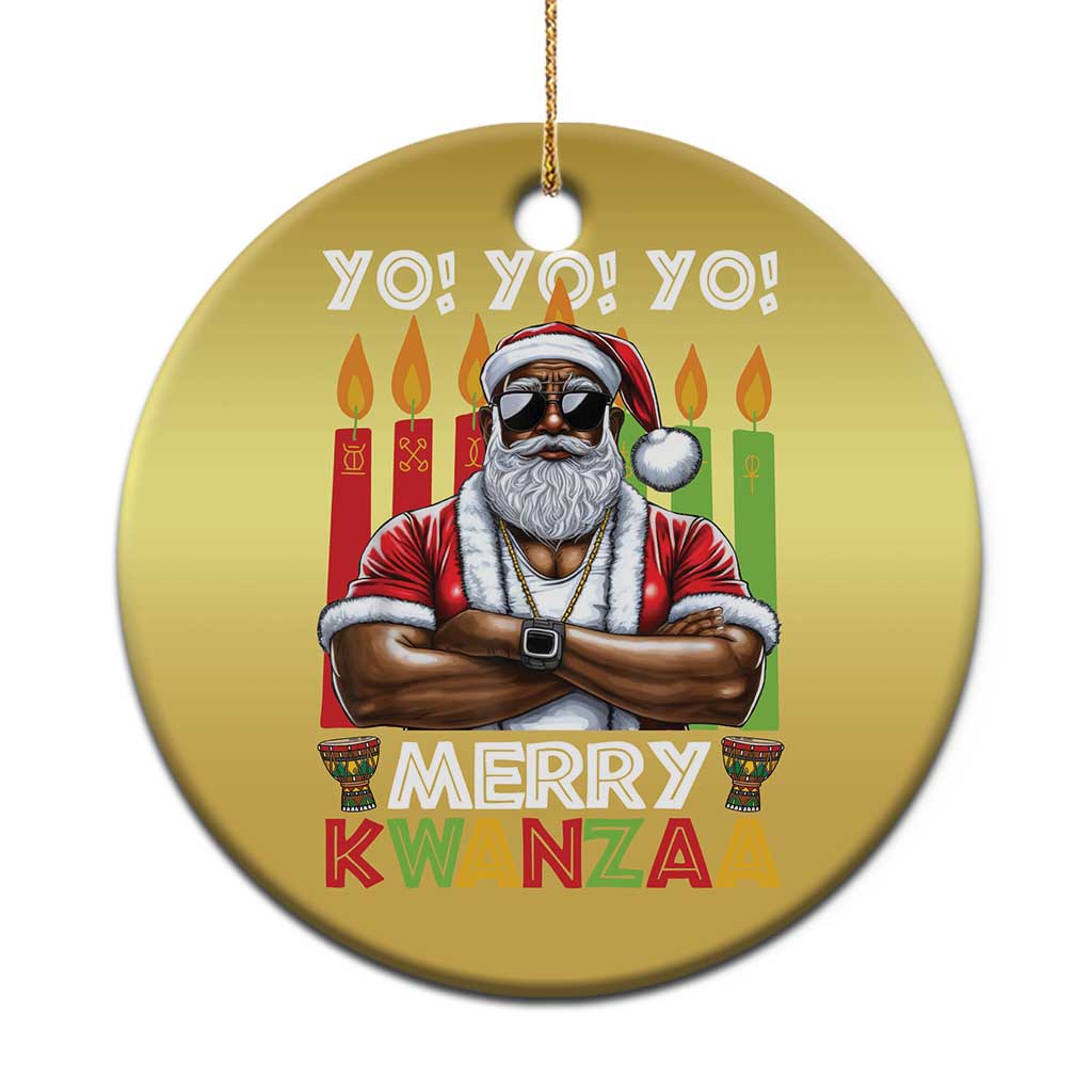 Gold round Christmas ornament with African American Santa and “MERRY KWANZA” text.