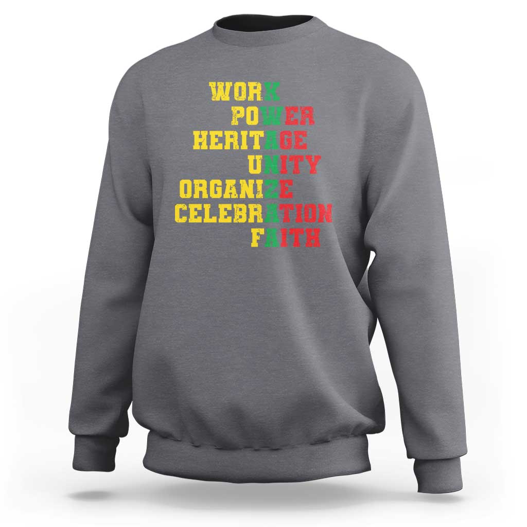 Charcoal crewneck sweatshirt with bold yellow back text: WORK POWER HERITAGE UNITY