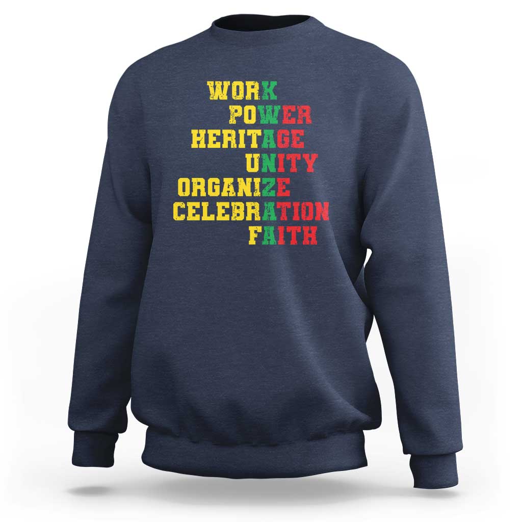 Navy crewneck sweatshirt with bold yellow back text: WORK POWER HERITAGE UNITY