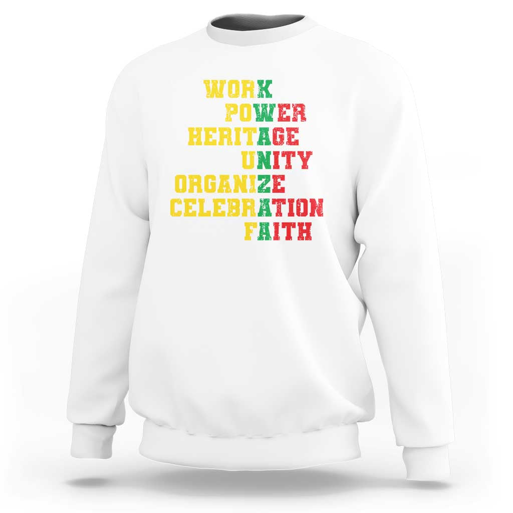 White crewneck sweatshirt with bold yellow back text: WORK POWER HERITAGE UNITY