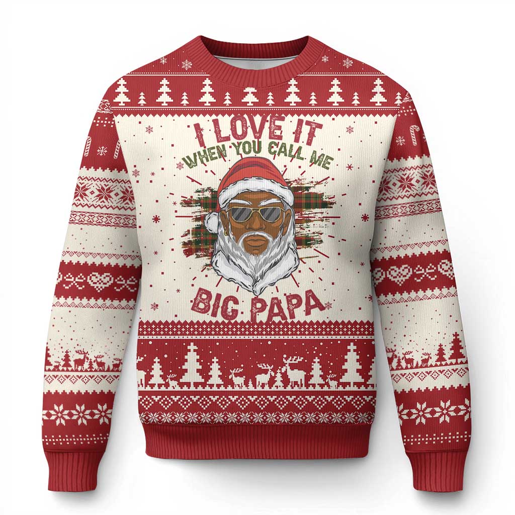Red and off-white crewneck ugly Christmas sweater with Big Papa Santa portrait