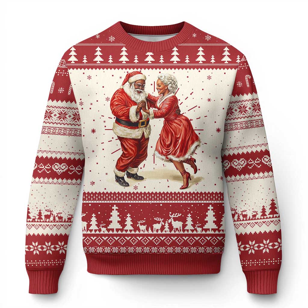 Ugly Christmas sweater with Santa couple print, red and white festive pattern