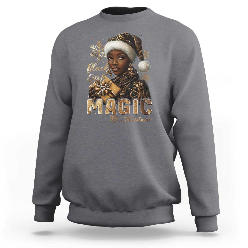 Charcoal gray crewneck sweatshirt with front holiday graphic and gold "MAGIC" lettering