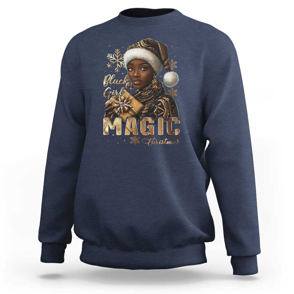 Navy crewneck sweatshirt with front holiday graphic and gold "MAGIC" lettering