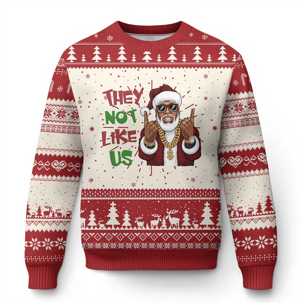 Red and cream ugly Christmas sweater with cartoon Santa graphic and festive border patterns