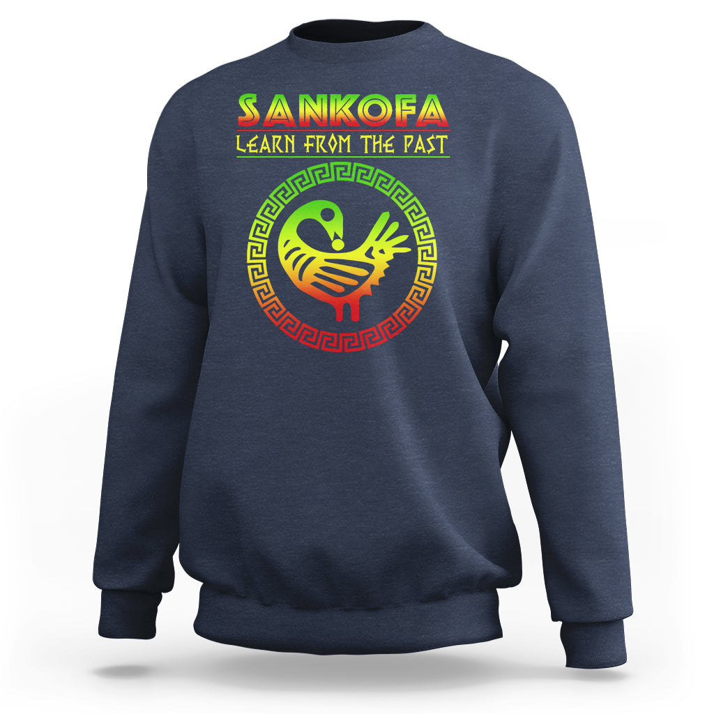 Navy sweatshirt with colorful SANKOFA graphic and “Learn From The Past” bird emblem