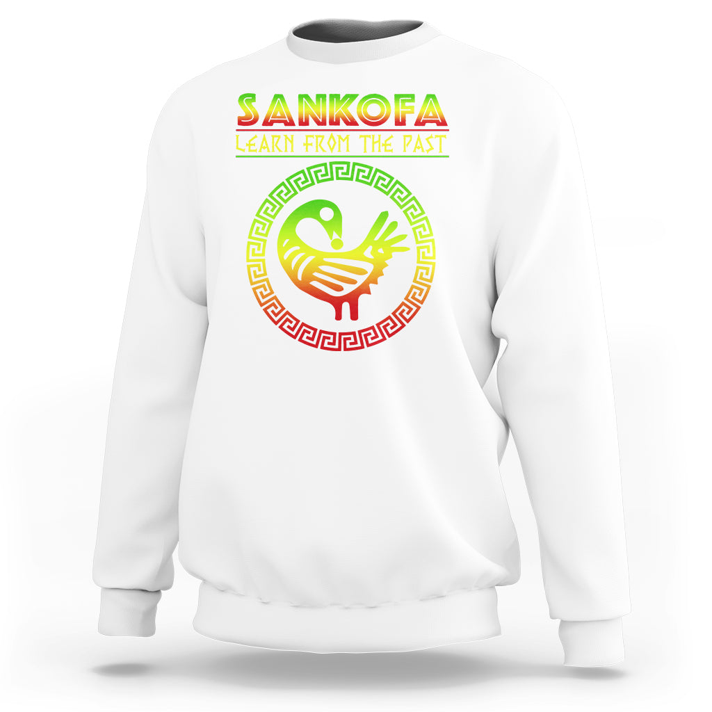 White sweatshirt with colorful SANKOFA graphic and “Learn From The Past” bird emblem
