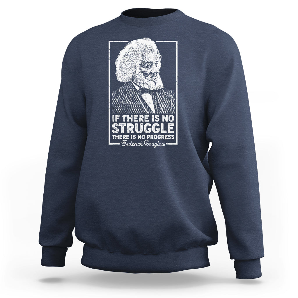 Navy crewneck sweatshirt with white Frederic Douglass portrait and quote graphic