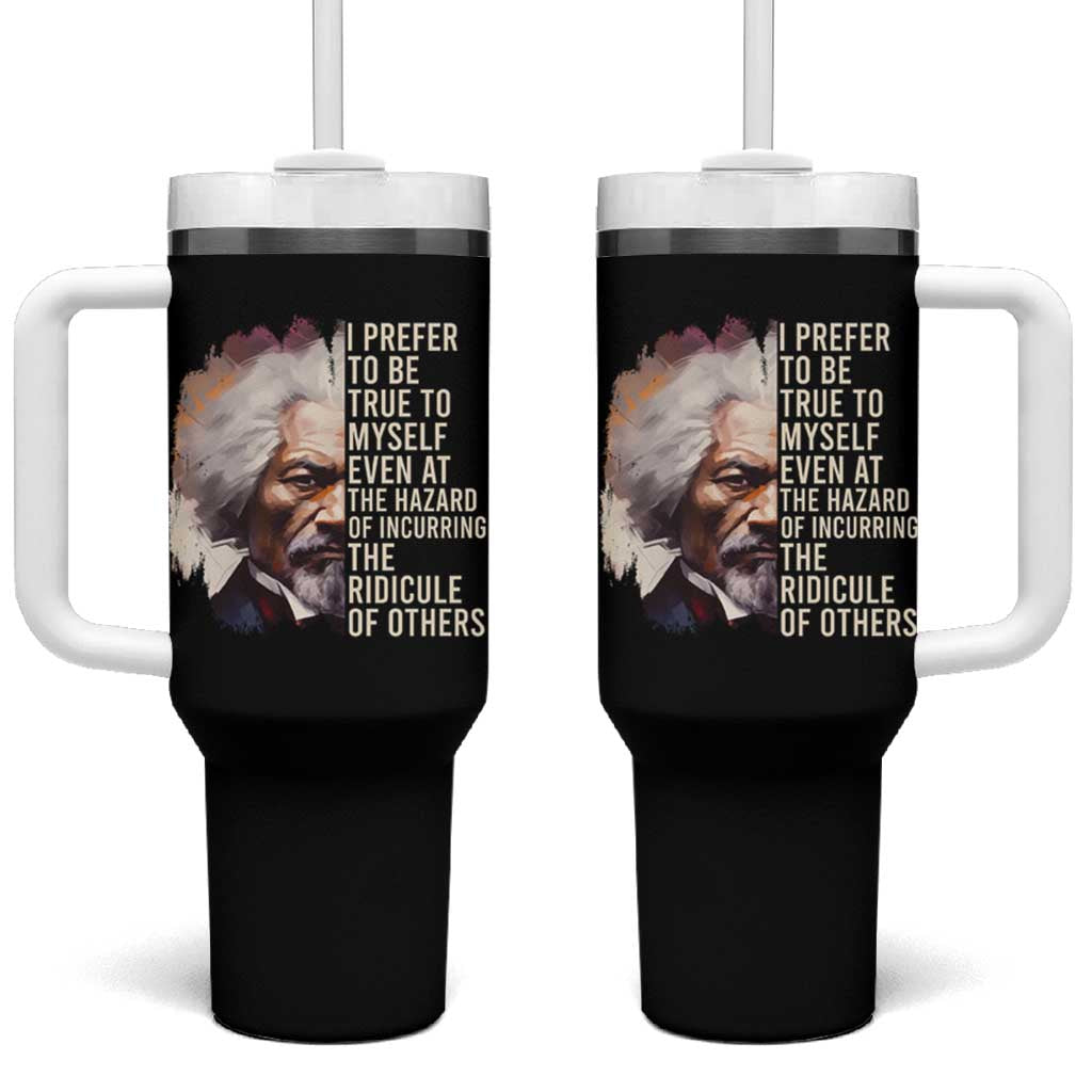 Black tumbler with handle, white straw, and Frederick Douglass quote portrait on front