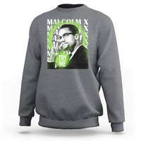 Charcoal gray crewneck sweatshirt with Malcolm X portrait graphic and “Try Me” text
