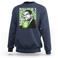 Navy crewneck sweatshirt with Malcolm X portrait graphic and “Try Me” text