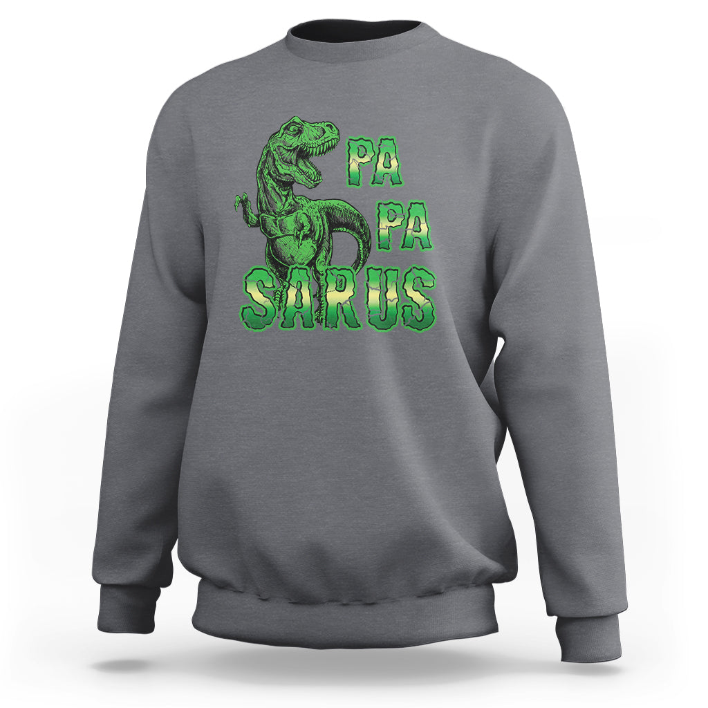 Charcoal gray sweatshirt with green dinosaur and "PA PA SAURUS" graphic