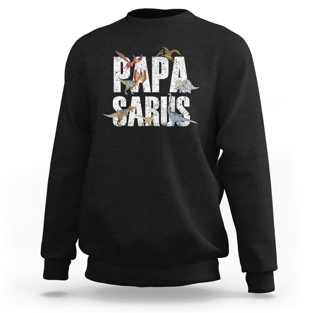 Black crewneck sweatshirt with "PAPA CARLS" dinosaur front graphic