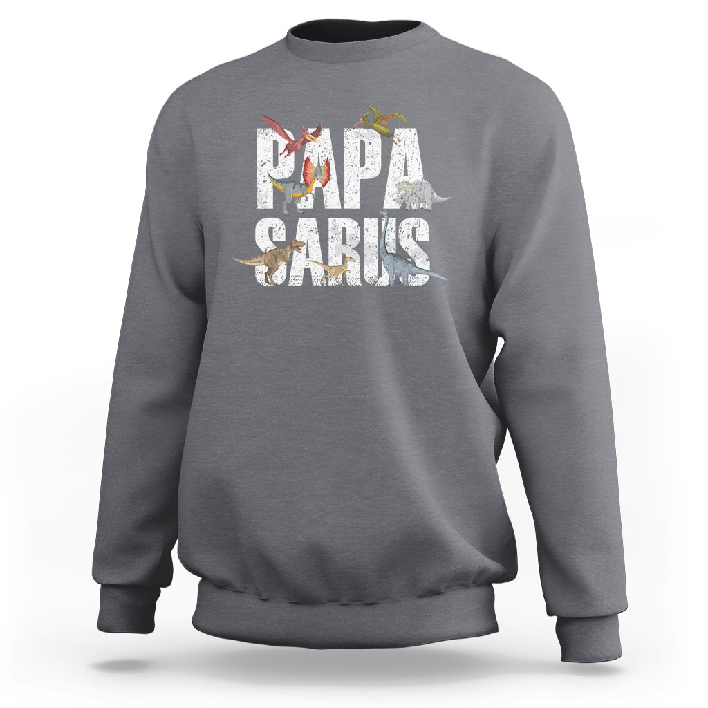 Gray crewneck sweatshirt with "PAPA CARLS" dinosaur front graphic