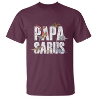 Funny dinosaur Father's Day T-shirt, maroon; 'PAPA CARUS' front graphic