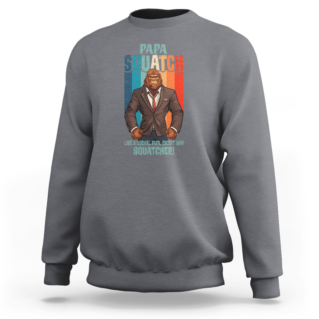 Men's charcoal gray sweatshirt with front graphic of suited Bigfoot and 'Papa Squatch' text