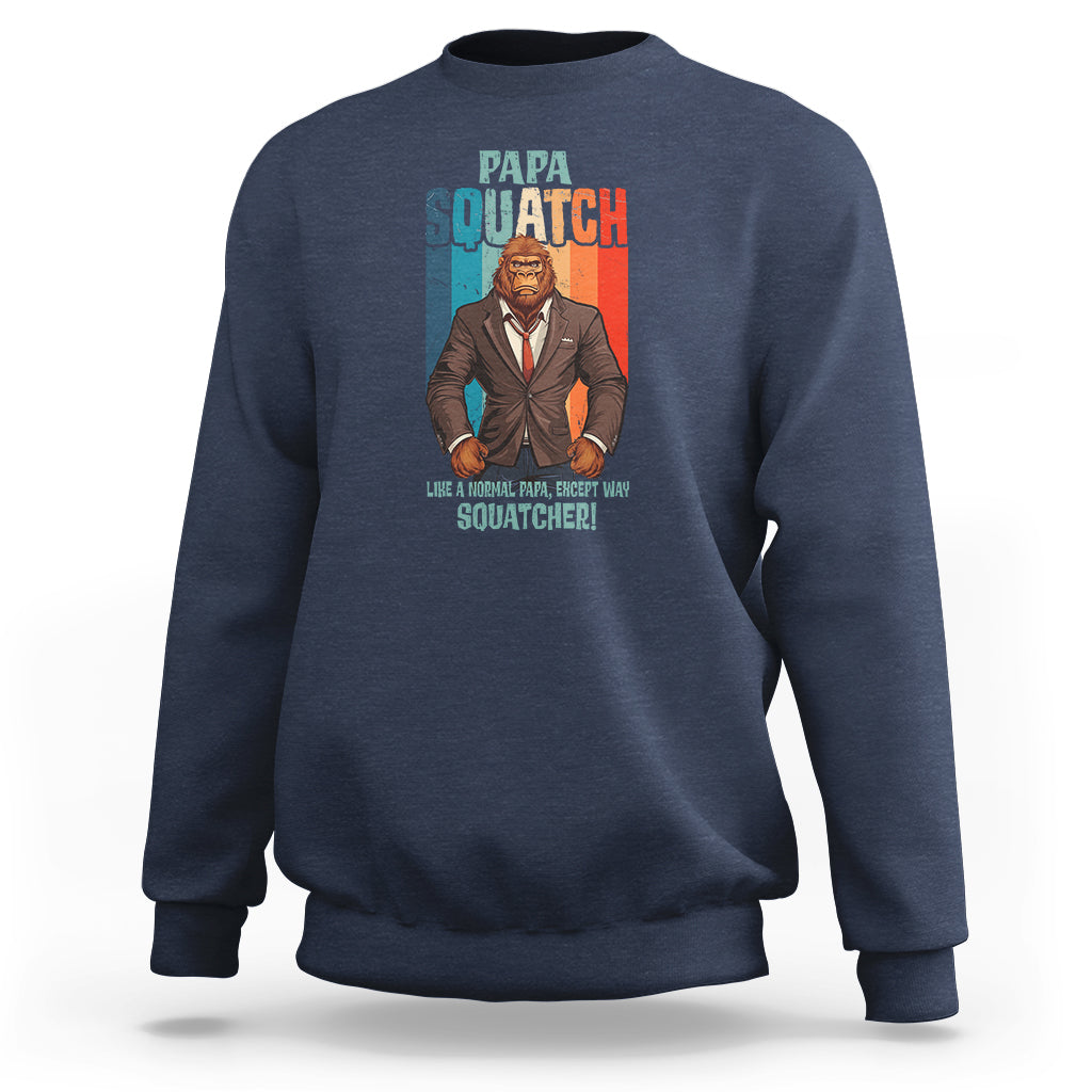 Men's blue sweatshirt with front graphic of suited Bigfoot and 'Papa Squatch' text