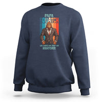 Men's blue sweatshirt with front graphic of suited Bigfoot and 'Papa Squatch' text