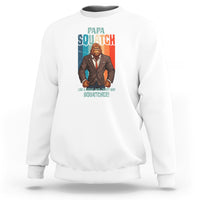 Men's white sweatshirt with front graphic of suited Bigfoot and 'Papa Squatch' text