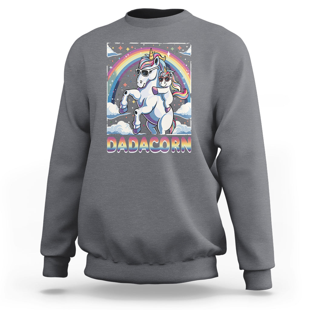Charcoal gray sweatshirt with unicorn graphic and rainbow arch on the front