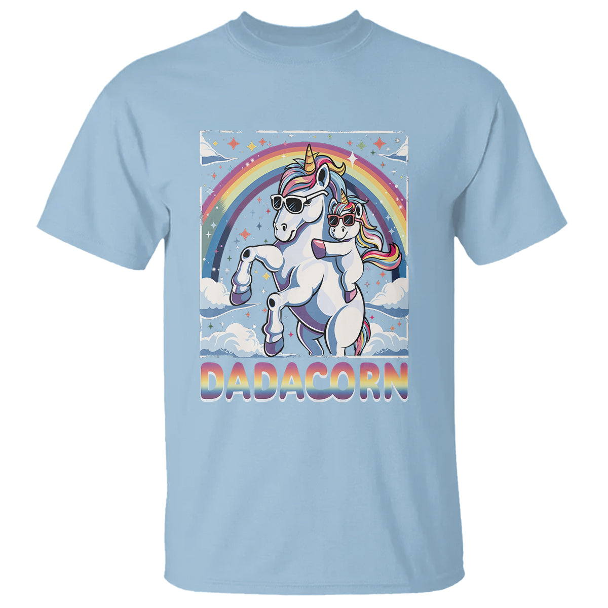 Light blue unisex T-shirt with unicorn rainbow graphic and “DADACORN” text