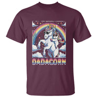 Maroon unisex T-shirt with unicorn rainbow graphic and “DADACORN” text