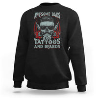 Black crewneck sweatshirt with bearded skull graphic and tattoos & beards text